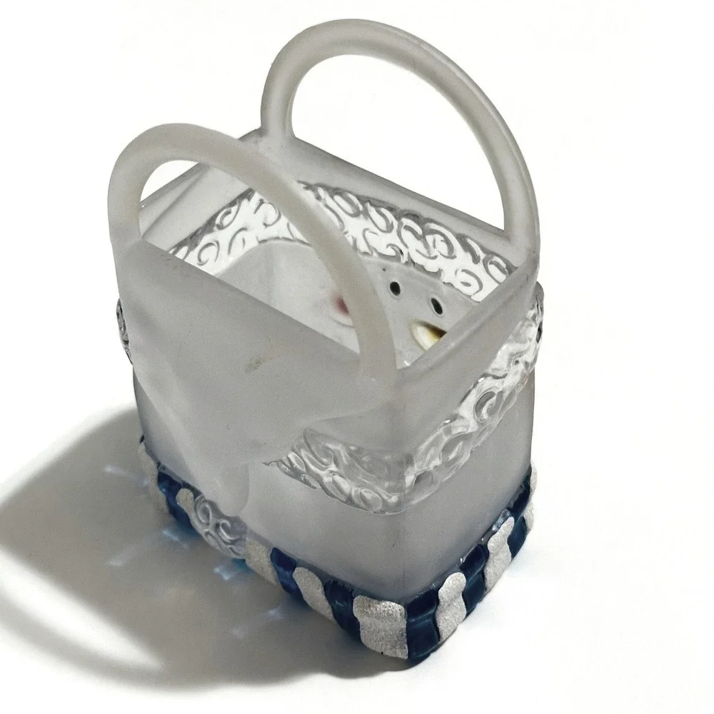 Hand Painted Snowman Glass Basket Decor Clear Blue Excellent Holiday Frosted